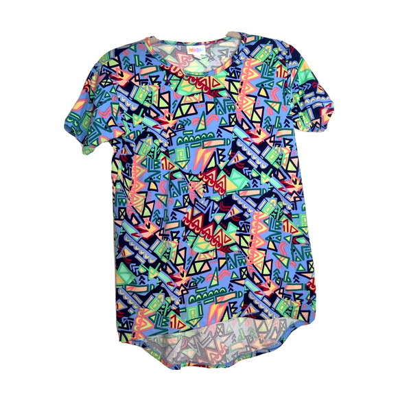 Lularoe Girls Gracie Top Blue Green Stretch Shapes High Low Short Sleeve 12 Nice - Picture 1 of 9